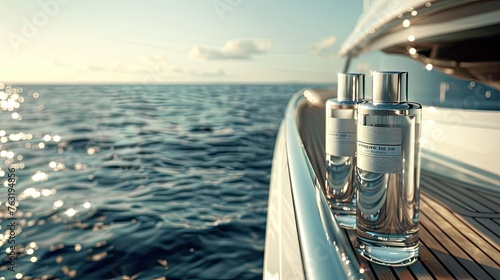 Close-up of two bottles of face cream on the deck of a luxury yacht with the ocean in the background, product in advertising style using white and gray colors with soft lighting