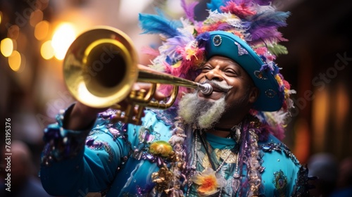 Mardi Gras trumpeter colorful costume enthusiastic performance
