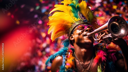 Brazilian carnival trumpeter energetic samba tunes adorned in feathers