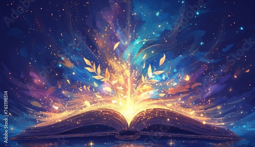 A book with colorful, glowing pages is open and spilling out words of wisdom. The background shows an abstract dark space that enhances the vibrant colors of light particles emanating from within. 