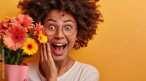 Surprised happy mixed race woman with curly hairstyle, looks with amazement, keeps hand on cheek, wears spectacles, white t shirt, can not believe her eyes, holds splendid bouquet of yellow flowers