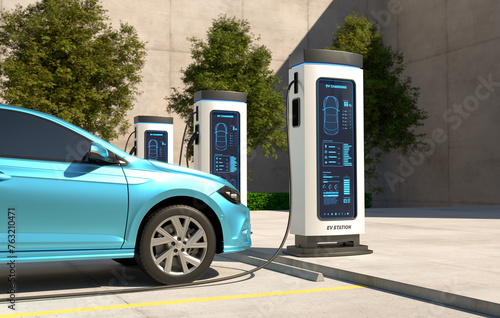 Electric cars Charging at the charging station, Electric power is an alternative fuel. 3D illustration