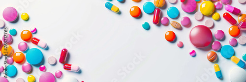 Assorted Medication Pills and Capsules on White. Colorful assorted pharmaceutical pills and capsules spread on white background.