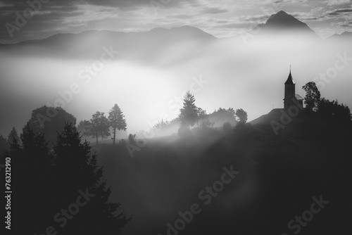 St.Primoz church ,Jamnik, Slovenia - moody black and white photo