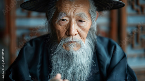 An old man with a black hat and beard is sitting in a blue robe. He has a serious expression on his face. a candid photo of the old, virtuous feudal China gentleman was giving advice