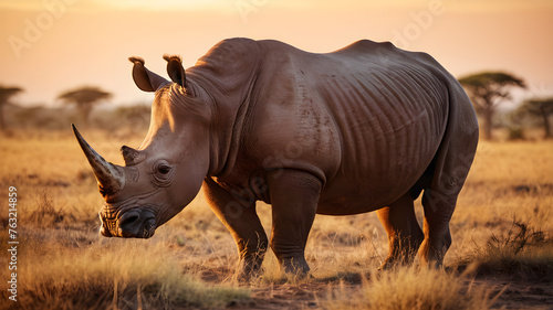 Rhino basks in the golden glow of sunset amidst the wild grasslands, embodying the majesty of nature's grandeur