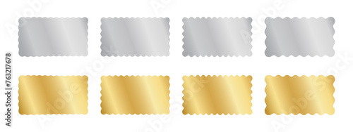 Set of silver and gold rectangle stickers with wavy borders. Shining rectangular labels, badges, price tags, coupons, promo codes, jackpot tickets templates with undulate edges. Vector illustration.