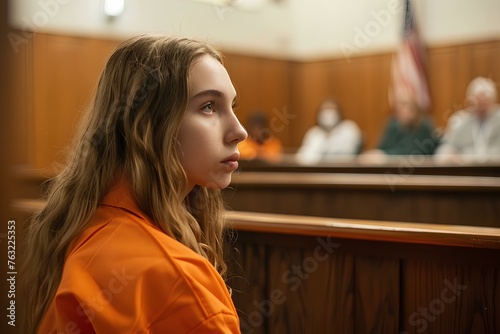 a young woman in an orange prison jumpsuit sitting at the backrest inside a courtroom. generative AI