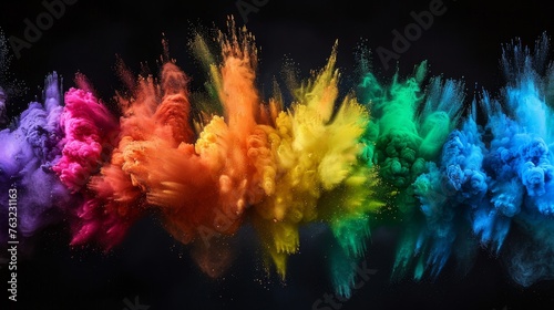 A vibrant display featuring a garland banner of colorful rainbow holi paint powder exploding against a dark, panoramic black background, encapsulating a festive and peaceful party concept