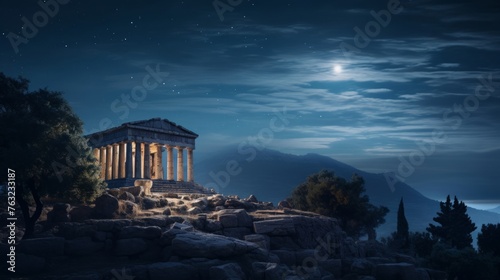 Lone figure gazes at starry sky from moonlit Greek temple entrance