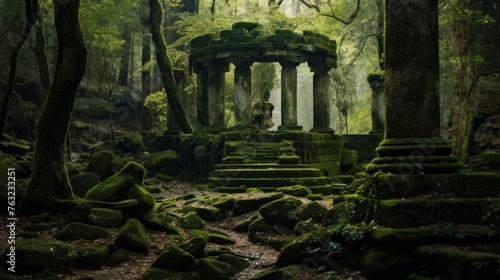 Moss-covered columns in hidden Greek temple dense forest mystery