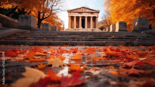 Autumn peak at Greek temple leaves blanket steps seasonal aura