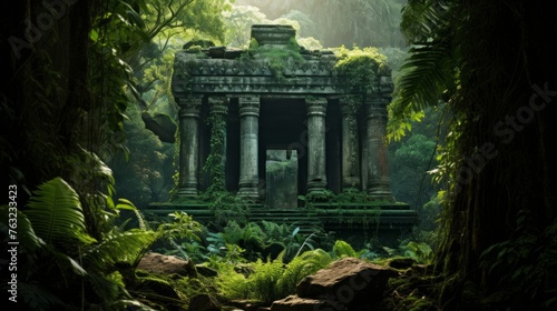 Dense jungle surrounds Greek temple ruins vibrant tropical foliage