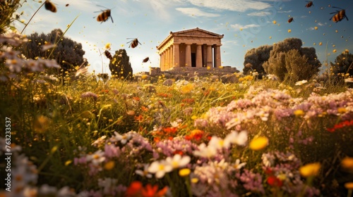 Greek temple among wildflowers bees and butterflies hover around