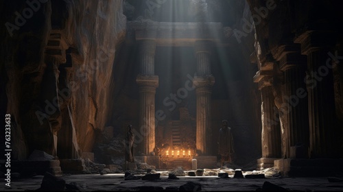 Greek temple in cave altar lit by penetrating sunlight beam