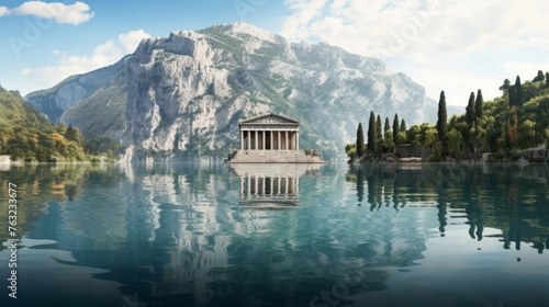 Pristine Greek temple overlooking alpine lake reflection mirrored below