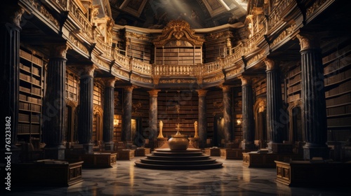 Greek temple transformed into magical library shelves of ancient texts