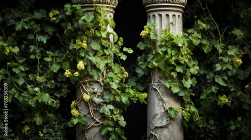 Vines and flowers climb a Doric column contrast of nature and structure