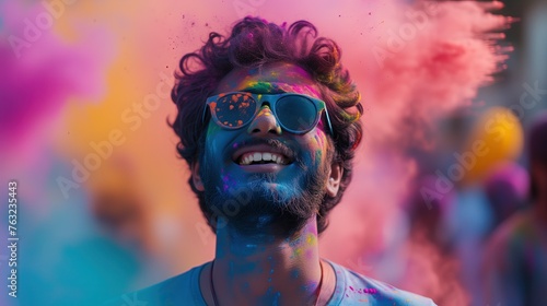 Mężczyzna z brodą i okularami jest pokryty kolorowym proszkiem podczas celebracji kolorów Holi. Wygląda dynamicznie i pełen energii.