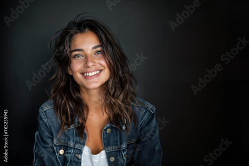 jeune femme souriante aux cheveux brun et long portant une veste en jeans sur fond sombre de type studio, espace pour texte