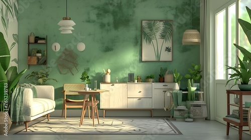 an AI-driven 3D illustration of a Boho interior, green color theme, focusing on a wall mockup. Incorporate diverse wall art pieces to enhance the aesthetic appeal of the space