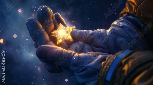 Hands of an astronaut cradle a shimmering star.