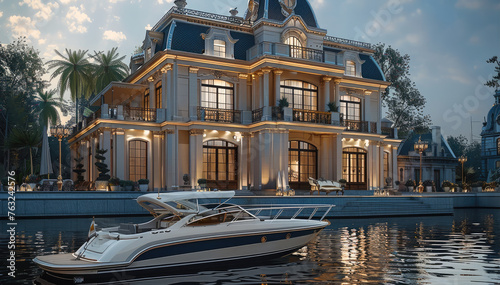 The exterior of an opulent mansion with large windows, showcasing elegant details and luxury furnishings. A luxurious speedboat is parked at its dock in front of it. Generative AI.