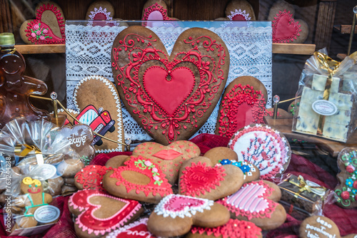 Gingerbread cookies in shop in historic part of Torun city, Poland