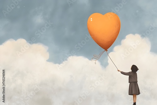 A woman letting go of a symbolic heart-shaped balloon, depicting the release of grief and the recognition of loss, while embarking on a journey towards healing and remembrance