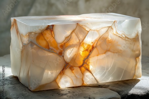 Translucent alabaster block beautifully illuminated, showcasing intricate patterns