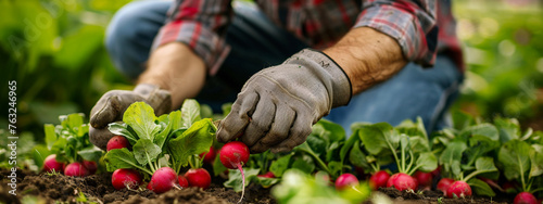 a farmer harvests radishes close-up