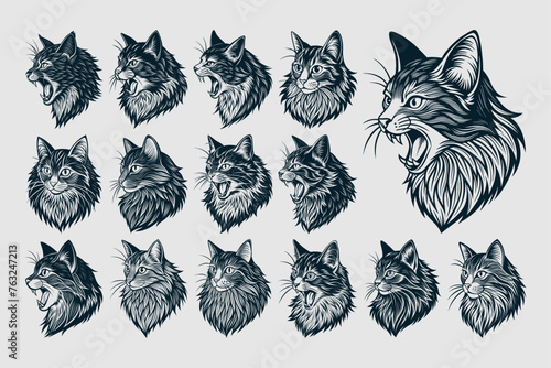 Cute meowing norwegian forest cat head in side view design vector set