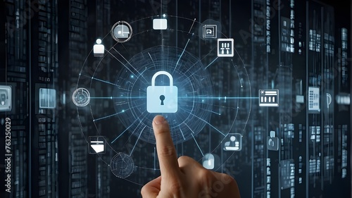 notion of digital technology internet network connection data protection and cyber security. the noticeable shield in the center of the right-hand HUD. Polygons linked by binary data on a background 