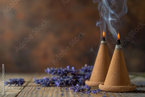 Aromatic Incense Cones with Lavender Flowers for Ayurvedic Aromatherapy on Brown Botanical Background with Burning Cone