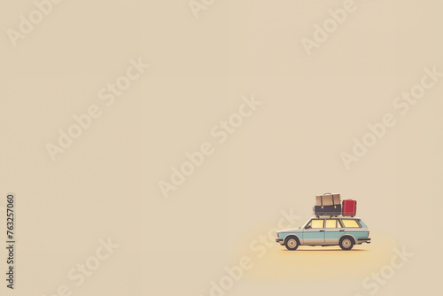 vintage, voyage en voiture break des années 70 ou 80, 70s, 80s avec les valises sur la galerie de toit. Voiture blanc sur fond beige avec copy space, espace négatif. Départ en vacances, voyages, 