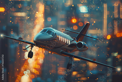 Twilight Flight: Luxurious Private Jet Over Dazzling Cityscape Banner