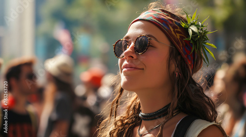 Woman at weed festival with cannabis decoration. Summer event and personal expression concept.