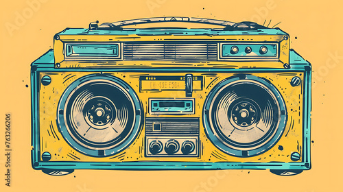 Vintage boombox sound system. 1980s Boom Box Cassette Tape Player. Old school vintage radio tape recorder doodle double cassette speaker. Generative Ai