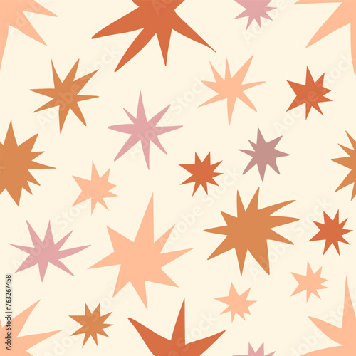 Childish stars in the sky space vector seamless pattern. Peach fuzz colors. Boho baby naive celestial starry background. Stellar decorative surface design for fabric or Scandinavian style nursery.