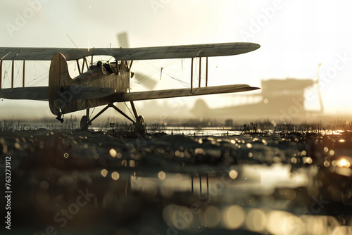 Vintage Biplane Resting at Wet Airfield Sunrise Glory Banner