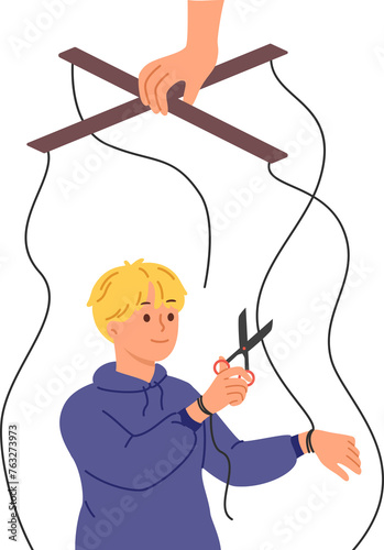 Independent boy frees himself from parental manipulation by cutting puppeteer ropes that interfere with self-development. Puppeteer hand is trying to control child and direct son in right direction