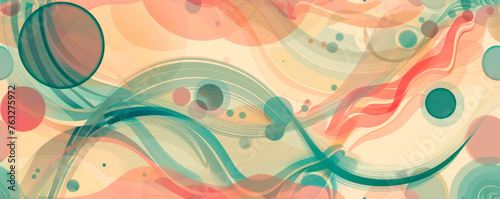 Bright circles in various sizes and colors intersect with intricate lines on a vibrant abstract background. The circles overlap and create dynamic patterns, while the lines. Banner. Copy space