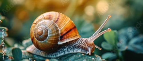 Close up Snail Muller gliding on nature background. Large white mollusk snails with brown striped shell, crawling on vegetables. Helix pomatia, Land, Burgundy, Roman, escargot.