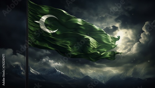  The Pakistani Flag Fluttering in the Wind Against the Sky