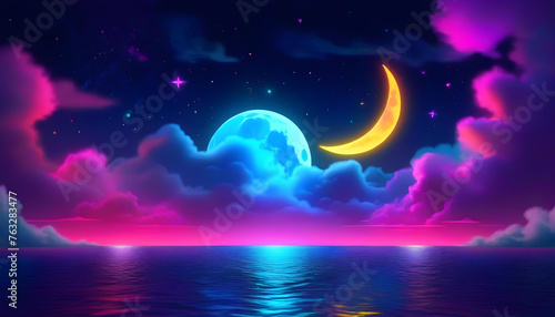 A neon light art piece depicting a seascape at night with a full moon and colorful clouds and stars