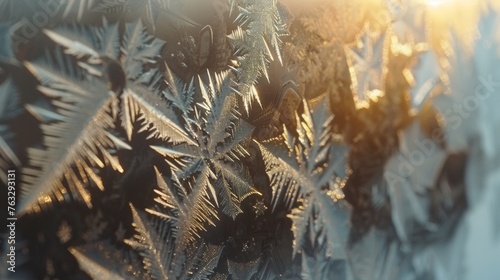 Detailed view of intricate ice patterns on a frosted glass windowpane