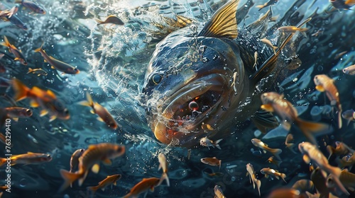 a swarm of small fish surrounding and ambushing a single large fish, illustrating the power of unity and cooperation in overcoming formidable challenges in nature