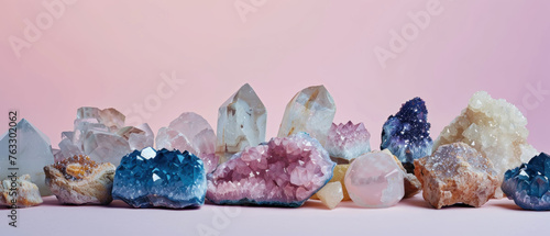 Array of colorful healing crystals, mystical energy and alternative medicine, the allure of geodes and minerals
