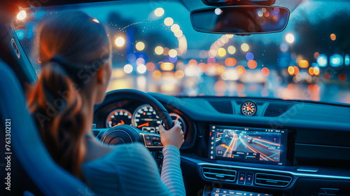 woman driving a car at night, seen from inside of the car