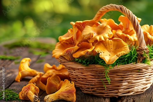 A wicker basket full of fresh chanterelle mushrooms with moss in the forest. Rich harvest. mushroom hunting